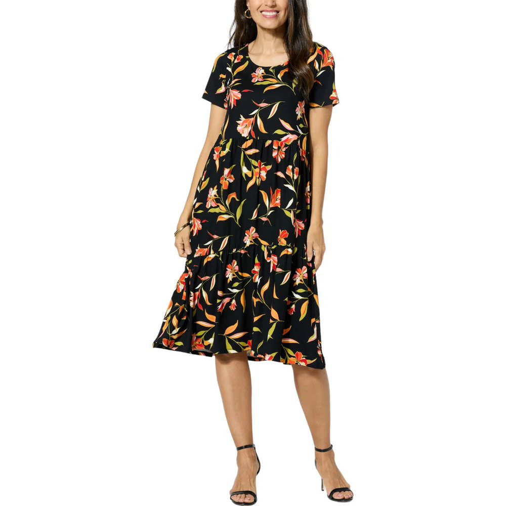 Comfort Code Printed Jersey Knit Tiered-Hem T-shirt Dress Black Floral - Regular